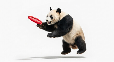 Naklejka premium A playful giant panda bear leaps in mid-air to catch a red frisbee against a clean, isolated white studio background.