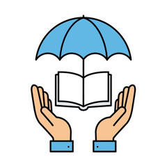 Creative symbol for knowledge security, learning insurance, and information protection shown by hands carefully guarding a book with an umbrella