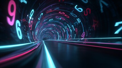 Futuristic tunnel technology with neon light digital abstracts creating vibrant purple pink cyan glow effect in perspective corridor geometric pattern motion blur