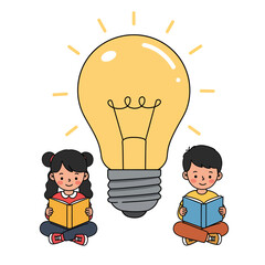 Kids Reading Books, Bright Idea, Education Concept Illustration