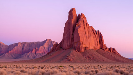 Fototapeta premium Majestic rock formation rises in desert landscape, showcasing stunning colors at sunset. serene and captivating natural scene