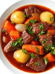 Overhead close up of hearty beef stew with potatoes carrots and herbs in white bowl studio shot
