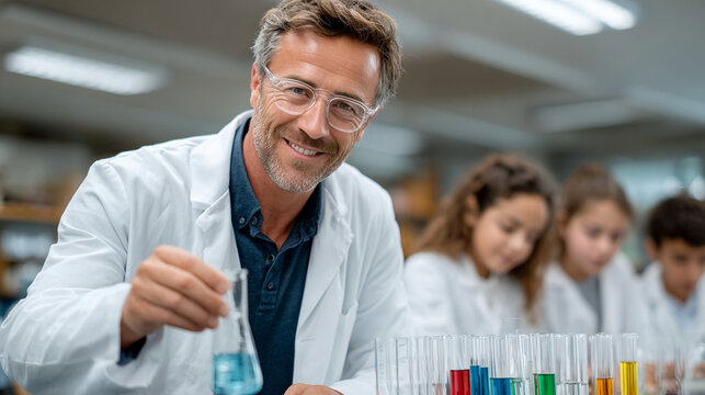 Smiling science teacher conducts chemistry experiment inside laboratory, guiding students through engaging educational discovery