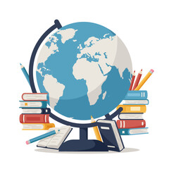 Illustration of a classroom globe and stacks of books representing global knowledge, geography, and international education