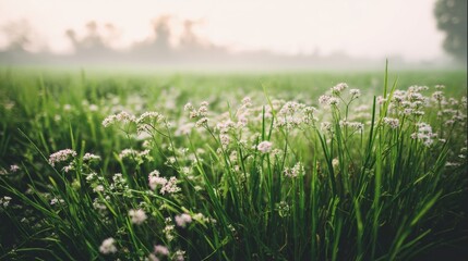Obraz premium A lush green field filled with delicate white flowers blooms under soft sunlight,