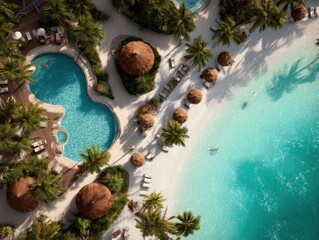 Aerial view of tropical resort with swimming pool and beach; turquoise water, palm trees, thatched umbrellas, vacationers enjoying sunny day