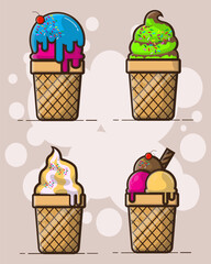Set of ice cream in waffle cones. Vector illustration in cartoon style.
