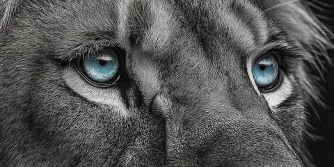 Close up of wild big cat face in black and white with piercing blue eyes, surreal animal portrait, dramatic wildlife concept, predator gaze illustration, detailed emotional photography inspired artwor