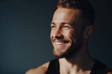 Obraz premium young man laughs heartily during break between strenuous workouts showcasing his joy and satisfaction