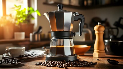 Moka pot espresso maker on kitchen counter with roasted beans and cup for morning coffee brewing ritual