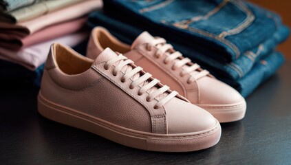 Light pink leather sneakers atop a stack of clothing, including various shades of pink shirts and dark blue jeans