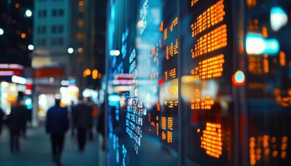 Stock Market Quotes Displayed Against City Skyline Reflected In Glass Showcase Creates Striking Visual Impact. Reflecting Urban Landscape.