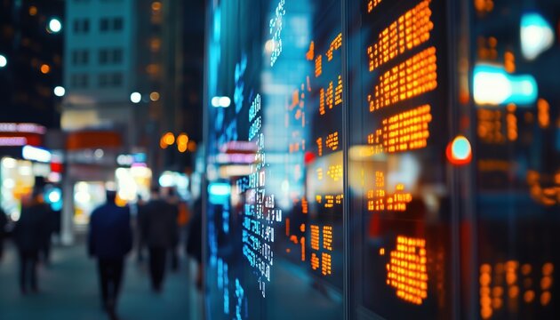 Stock Market Quotes Displayed Against City Skyline Reflected In Glass Showcase Creates Striking Visual Impact. Reflecting Urban Landscape. - Powered by Adobe