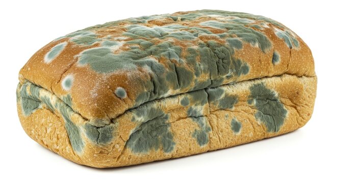 Moldy loaf of bread covered in green and white spores