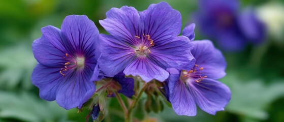 Trio of Hardy Geranium Flowers Blooming in Spring Garden Close Up View Floral Still Life