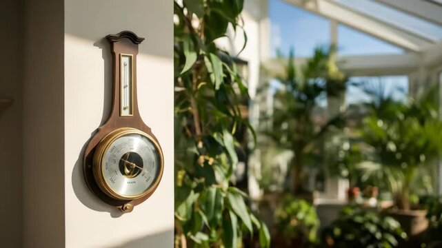 Classic barometer on wall in bright sunroom with house plants, a symbol of weather forecasting and interior design.