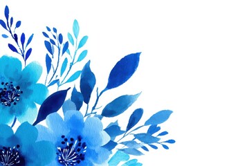 Watercolor Floral Corner Arrangement with Blue Flowers and Leaves on White Background Illustration