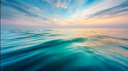 Obraz premium A vast sea with soft blue-green hues, gentle waves, and a tranquil atmosphere under a sky painted with pink, orange,