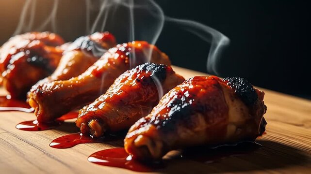 Glazed Chicken Drumsticks on Wooden Board with Smoky Aroma