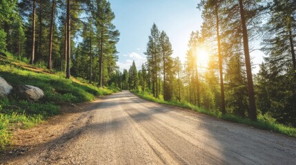 Obraz premium A serene dirt road winds through a dense shaded forest with tall evergreen trees, lush green canopies,