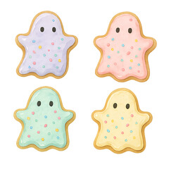 Cute ghost cookies for Halloween Pastel ghost-shaped sugar cookies with sprinkles, colorful sweet treats in kawaii style, kid-friendly Halloween dessert illustration design