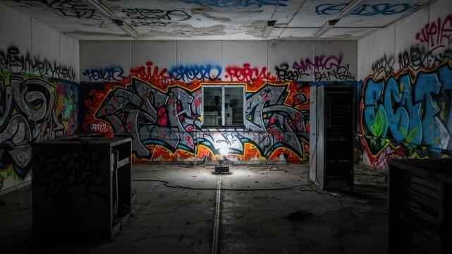 Abandoned building interior with graffiti art, dark room with urban decay and vandalism. Underground space with light, dark interior with vandal paintings.