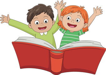 Happy children with arms raised, enthusiastically reading a big open book, celebrating imagination, education, and the love of reading.