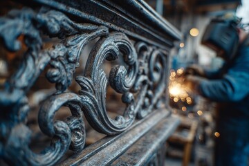 Worker creating beautiful metalwork, welding an ornate cast iron fence in a metalworking workshop