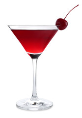 Martini cocktail with cherry in glass on white background