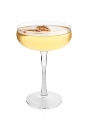 Martini cocktail with orange slice in glass on white background