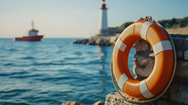 Orange lifebuoy near lighthouse with ocean view for maritime safety and seaside vacation travel concept - Powered by Adobe