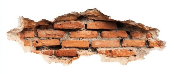 Close-up of a damaged brick wall showing exposed bricks and crumbling plaster on white background studio shot