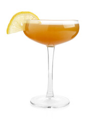 Martini cocktail with lemon slice in glass on white background