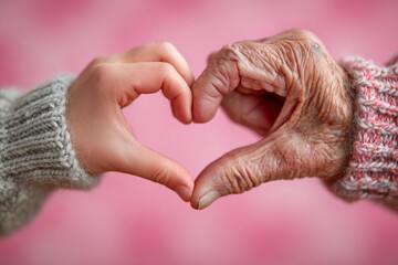 Senior woman and young girl making heart shape with their hands on pink background