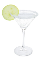 Martini cocktail with apple slice and sugar in glass on white background