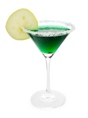 Martini cocktail with apple slice and sugar in glass on white background