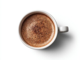 Overhead shot of a foamy hot chocolate in a white mug on a white background studio shot minimalist style drink