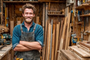 Portrait of a carpenter smiling with crossed arms in his workshop, woodworking tools and equipment on background