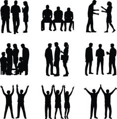 People group interaction icons – communication, teamwork, discussion, family, support, friendship, arguments, and social bonding silhouette concepts.