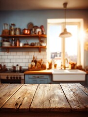 Rustic wooden tabletop against a blurred kitchen background with natural sunlight streaming through the window interior scene