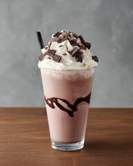 Decadent chocolate milkshake topped with whipped cream and chocolate chunks studio shot on wood table dessert indulgence