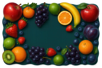 Vibrant fruit arrangement creating colorful frame, showcasing fresh produce against transparent backdrop with clean design for nutrition-focused visual