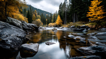Clear river flowing through a golden forest in a quit mountain landscape.