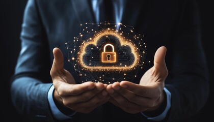 Protecting Cloud Lock Symbol: A Businessman Shields The Digital Symbol With His Hands To Ensure Safe And Secure Business Operations.