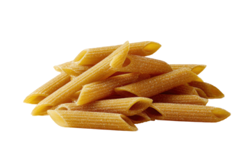 A pile of uncooked penne pasta, light golden-tan in color, showing the ridged, hollow tubes.  The pasta pieces are clustered together