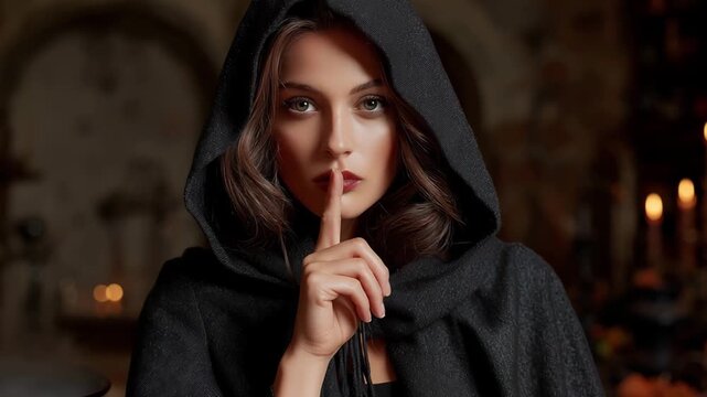 A woman in a black cloak gestures for silence while standing in a candlelit room filled with mystical elements and witch themed decor on Halloween evening