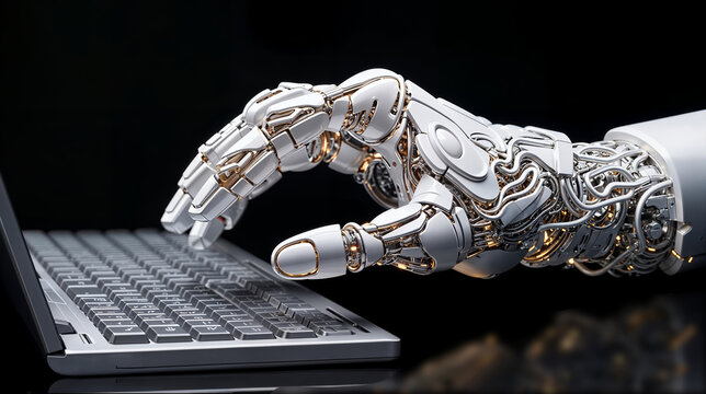 Robotic Hand Typing on Computer Keyboard – Artificial Intelligence and Futuristic Technology Concept - Powered by Adobe