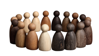 Diverse wooden figurines in a circle.  Various shades of light and dark brown, cream, and beige form a large group