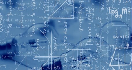 Animation of mathematical equations and graduation hats on blue background - Powered by Adobe