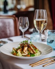 Elegant Chicken Salad with White Wine in Restaurant Setting Close Up Food Photography